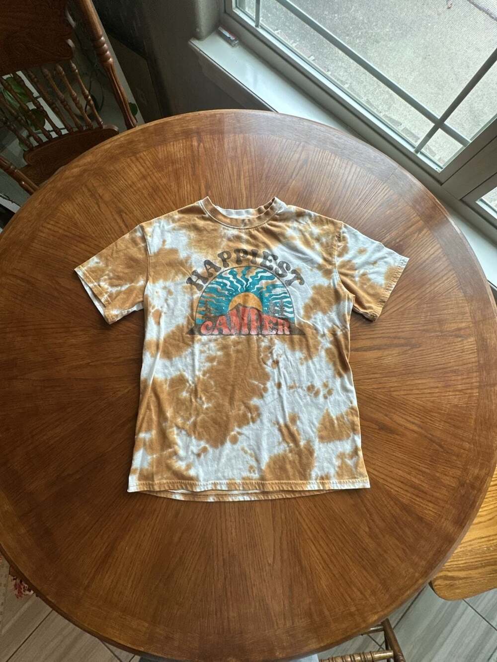 Fifth Sun Happiest Camper Brown and White Tie Dye Graphic T-Shirt Medium